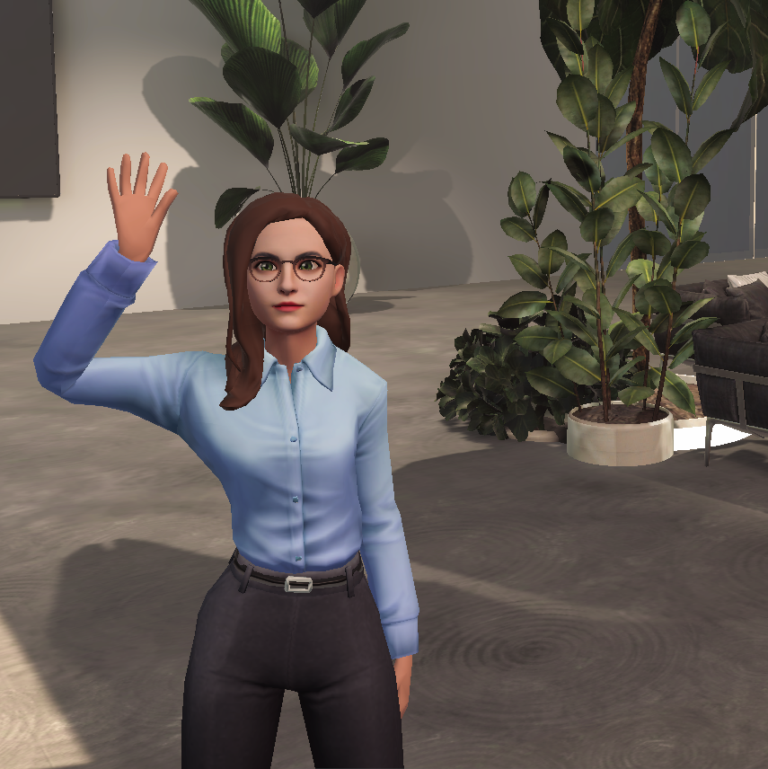 Female avatar waving in ReSocialize's virtual office, a remote work solution offering a free trial of its innovative digital workspace