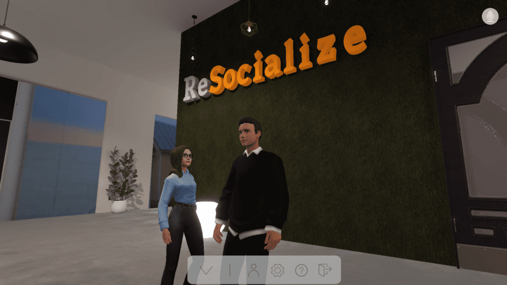 Two avatars standing under the ReSocialize logo in a virtual metaverse meeting platform discussing remote work as a competitive advantage.