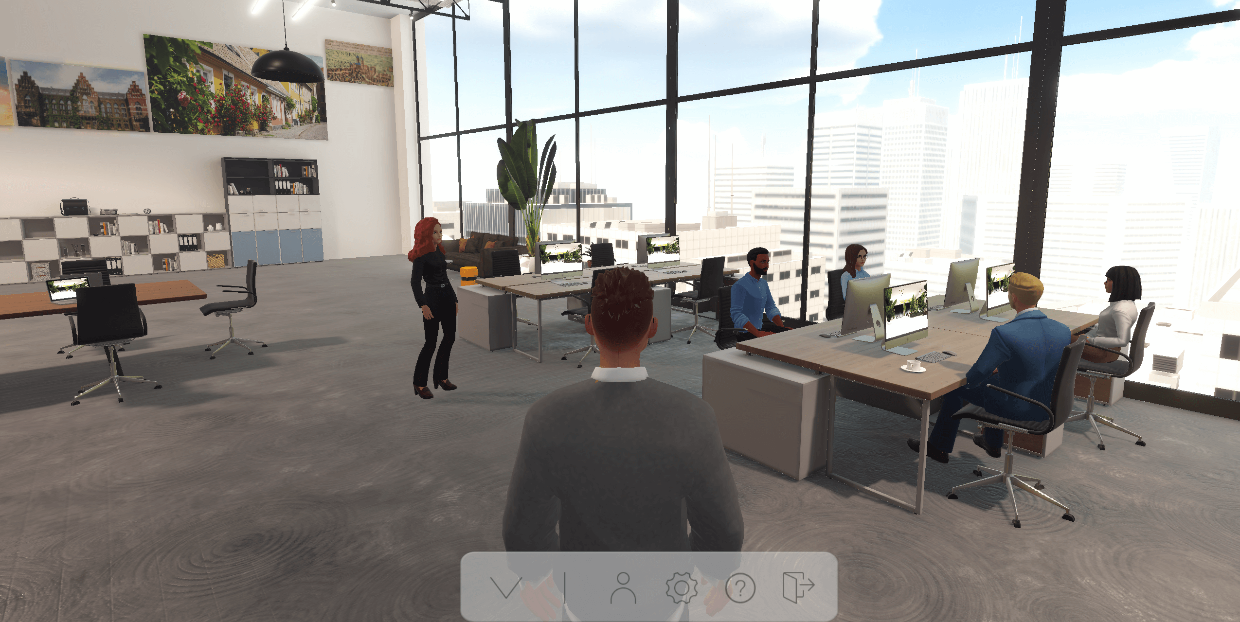 Online co-working space or virtual office. Avatars working in groups in the ReSocialize metaverse meeting platform. Some avatars are sitting at desks with computers, others are standing and having conversations. The environment is light and inspiring environment, floor-to-ceiling windows at the far wall, and several desks, meeting tables, and couch areas ready for online networking events and remote work. perfect digital nomad tool to empower networking in when working alone or remote. Plans and pricing, this image highlights the ReSocialize xxx offering.