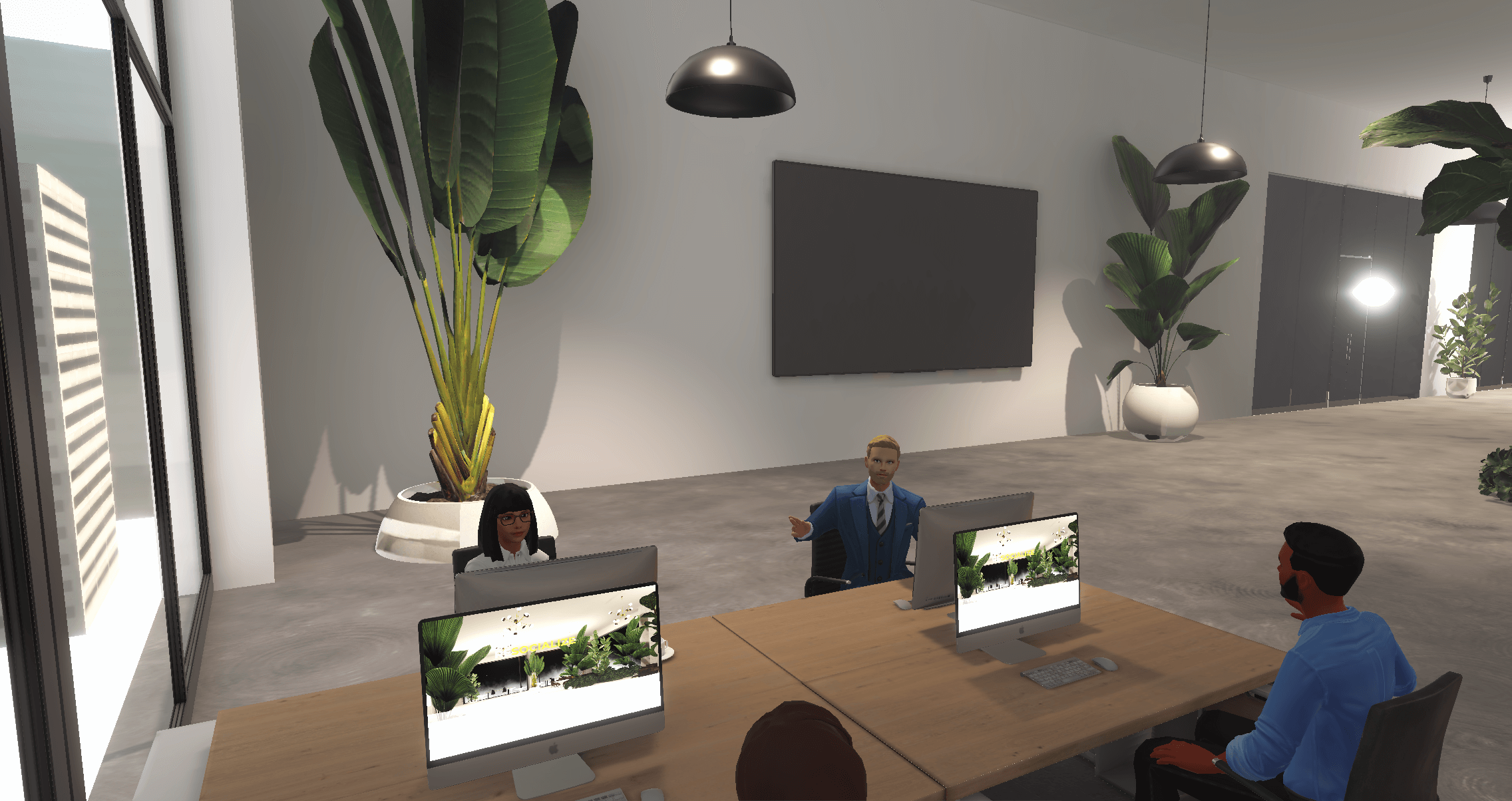 ReSocialize virtual office online metaverse meeting space with 4 avatars sitting around desks working remotely. Plans and pricing, this image highlights the ReSocialize office offering.