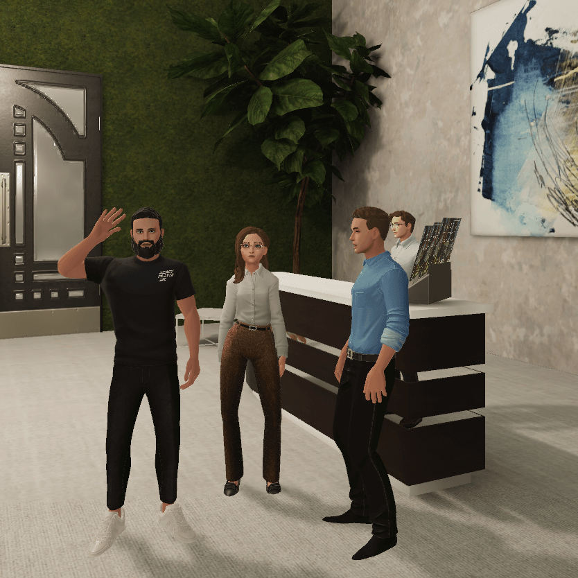 ReScoialize Metaverse Meeting Platform, virtual event space, and online office with three avatars greeting guests, waving towards the viewer Plans and pricing, this image highlights the ReSocialize Free offering. Virtual event free trial.