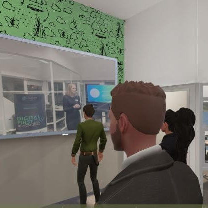 A hybrid webinar event in a metaverse meeting platform with several remote joining avatars watching a live stream from a physical event on a virtual screen - showcasing a solution to host better events. Online meeting tools perfect for networking at a webinar, showcasing the middle ground between webinar vs seminar Plans and pricing, this image highlights the ReSocialize event offering.