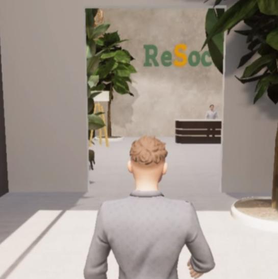 An image of the back of an avatar facing the entrance to the ReSocialize Online Event Room