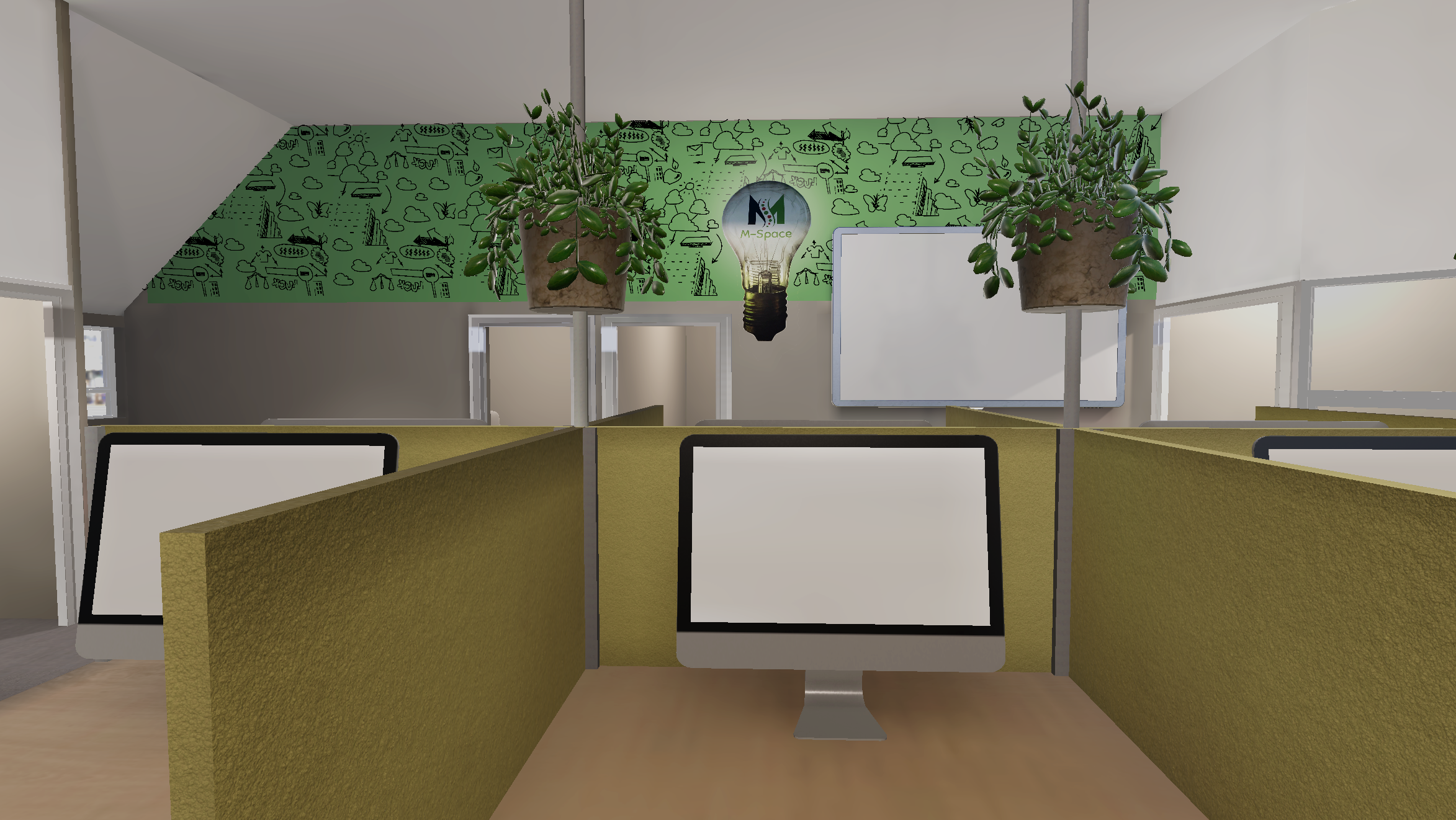 A pictutre from ReSocialize virtual office or metaverse meeting platform showcasing the online coworking space and virtual office Mspace malahide. The image is close to identic to a photo showing the same scene, and it shows multiple empty desks and work stations in a bright white and green environment paired with lush plants and the iconic green MSpace Light Bulb painted on the far wall. MSpace is a coworking space or virtual office that is perfect for remote work as it allows workers to leave their home office for a second office. One key difference to the photo is ta screen on the far wall for broadcasting or screen sharing presentations. The ReSocialize online co working space is perfect as digital nomad tools, as it can create inclusion despite physical distance. Virtual Office Free Trial Webinar Moderator Webinar Hosting Costs Digital Nomad Tools Join A Webinar Businesses Use Webinars For The Following Reasons Except Seminar And Webinar Difference Online Co Working Space Seminar Vs Webinar Online Co-working Spaces metaverse meetings Cost of webinar How to Create a Virtual Office Networking At A Webinar Set Up Virtual Office Virtual Co Working Space Online Webinar Audio Review Remote Collaboration Tools Online Meeting Tools Metaverse Meeting Platform Remote Work Office Virtual Conferences and Events Host Better Webinars Remote Work Solutions Virtual Networking Platform Hosting A Webinar Remote Team Building