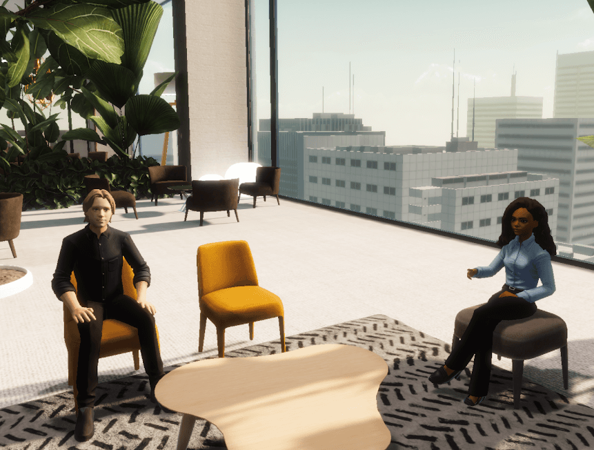 Two avatars in the ReSocialize metaverse meeting platform sitting in chairs having an online coffee meeting. The image has several empty chairs, as a remote work competitive advantage these chairs aren't lost potential for the company.
