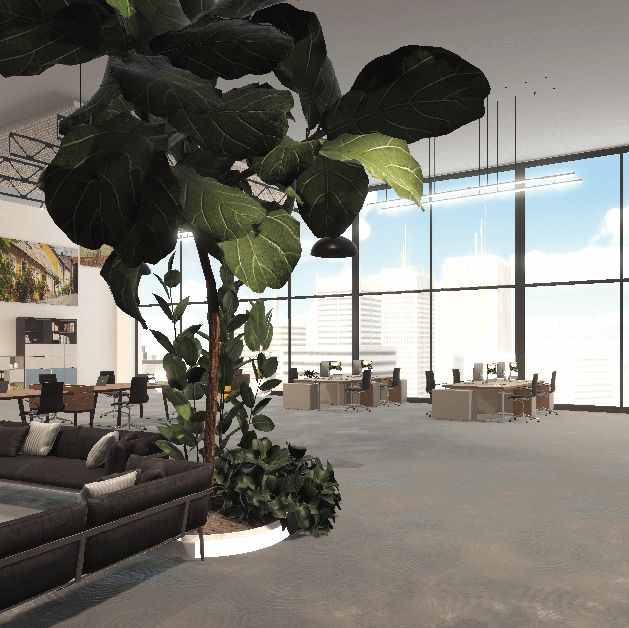 Empty online co-working space or virtual office. ReSocialize metaverse meeting platform, light and inspiring environment, floor-to-ceiling windows at the far wall, and several desks, meeting tables, and couch areas ready for online networking events and remote work.