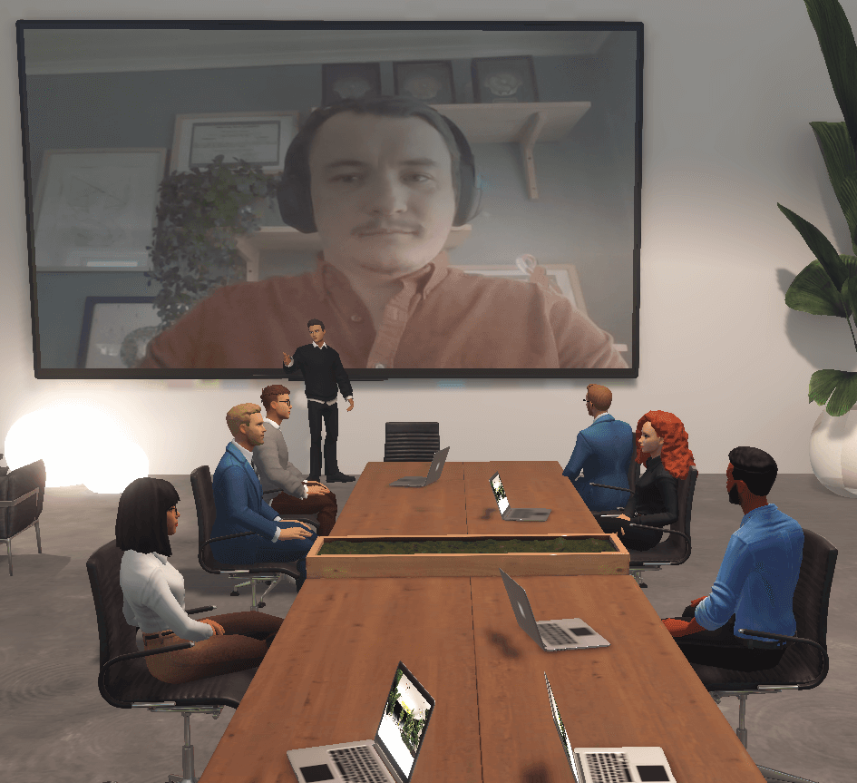 A group of avatars sitting around a table at a webinar in the ReSocialize metaverse meeting platform watching a video presentation. A digital nomad tool that allows natural meetings and gatherings, regardless of location and geography.