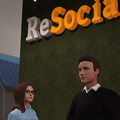 Two avatars standing under the ReSocialize logo in a virtual metaverse meeting platform, a perfect digital nomad tool.