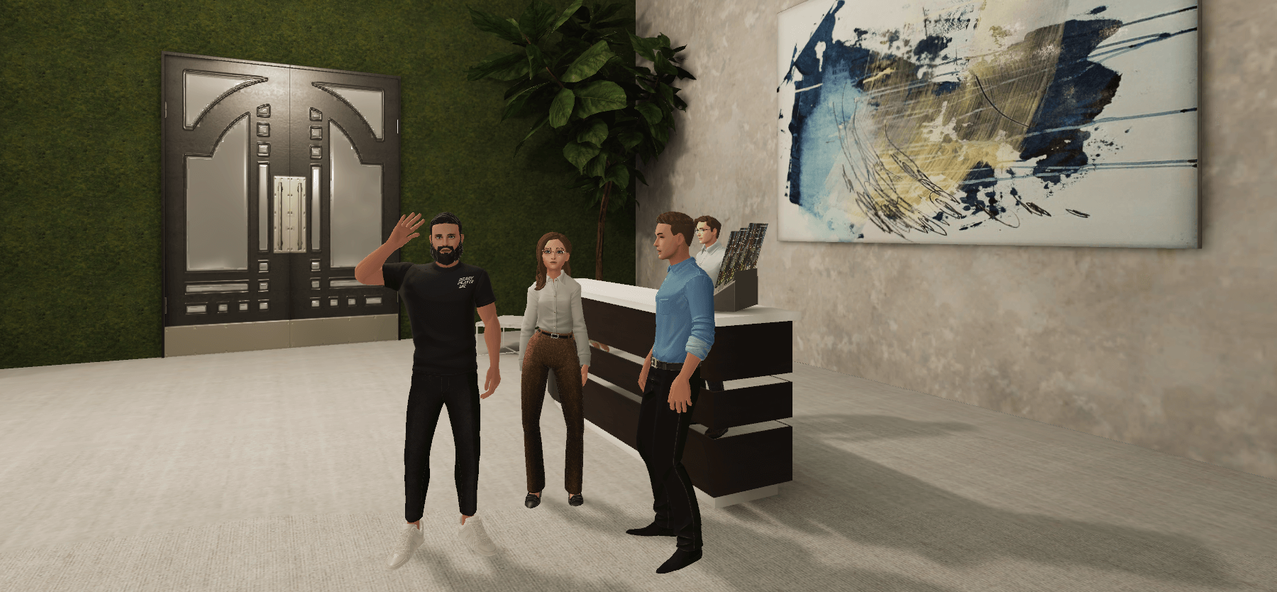 ReScoialize Metaverse Meeting Platform, virtual event space, and online office with three avatars greeting guests, waving towards the viewer Plans and pricing, this image highlights the ReSocialize Free offering. Virtual event free trial.