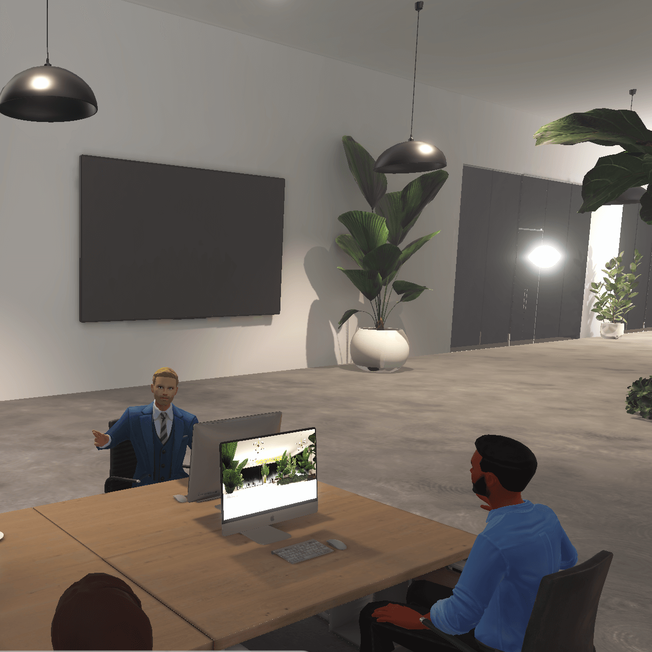 ReSocialize virtual office online metaverse meeting space with 4 avatars sitting around desks working remotely.