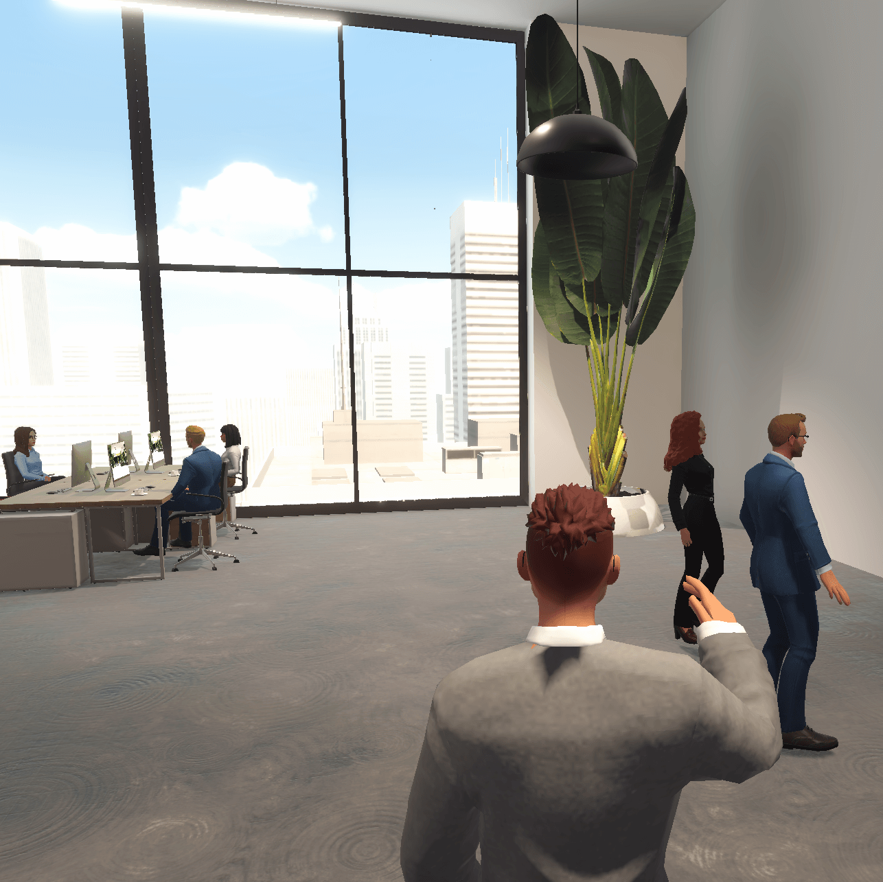 Online Office Metaverse meeting paltform with avatars doing remote work. Some grouped around desks, some hosting presentation. Inspiring virtual office environment. perfect remote collaboration tool for remote work solutions
