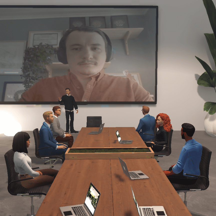 A group of avatars sitting around a table at a webinar in the ReSocialize metaverse meeting platform watching a video presentation. A digital nomad tool that allows natural meetings and gatherings, regardless of location and geography.