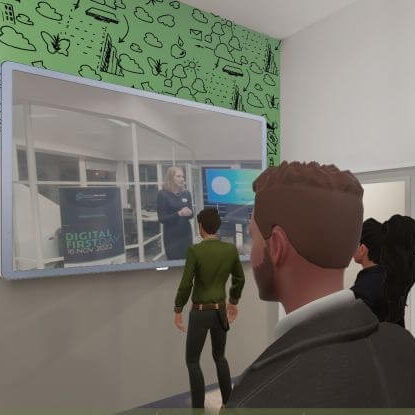 A hybrid webinar event in a metaverse meeting platform with several remote joining avatars watching a live stream from a physical event on a virtual screen - showcasing a solution to host better events. Online meeting tools perfect for networking at a webinar, showcasing the middle ground between webinar vs seminar Plans and pricing, this image highlights the ReSocialize event offering.