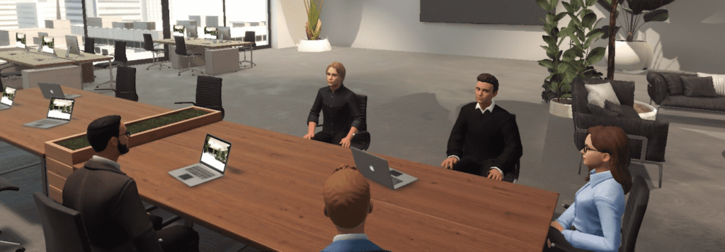 A group of avatars sitting at a board table in a ReSocialize virtual office. The far wall is floor-to-ceiling windows, making the environment light and inspiring. | Virtual Office Free Trial - Webinar Moderator - Digital Nomad Tools - Online Co Working Space - Online Co-working Spaces - Set Up Virtual Office - Virtual Conferences and Events - Remote Work Office - Remote Collaboration Tools - Online Meeting Tools - Metaverse Meeting Platform - Virtual Networking Platform - Digital Office Space - Virtual Office - Virtual Meeting Platform - How to work remote