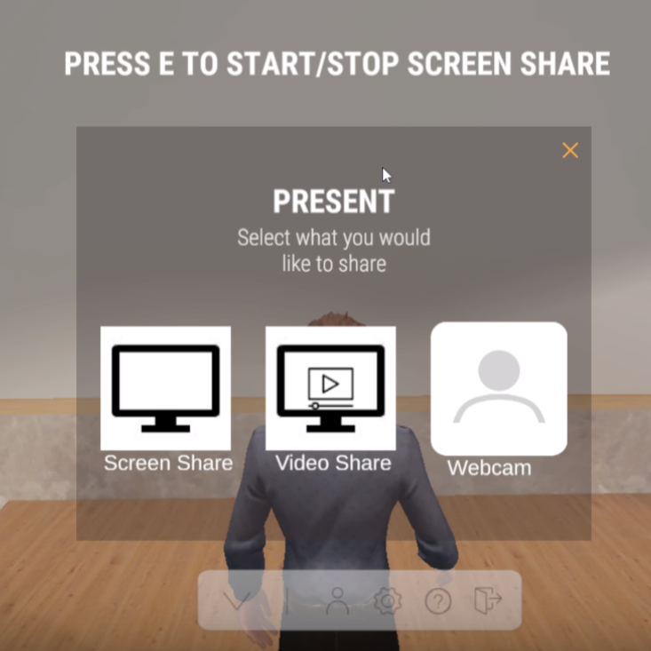 A ReSocialize avatar facing a big screen on the wall. The avatar is covered by a user interface showing options for broadcasting. options include Screen Share, Video Broadcast, and Webcam