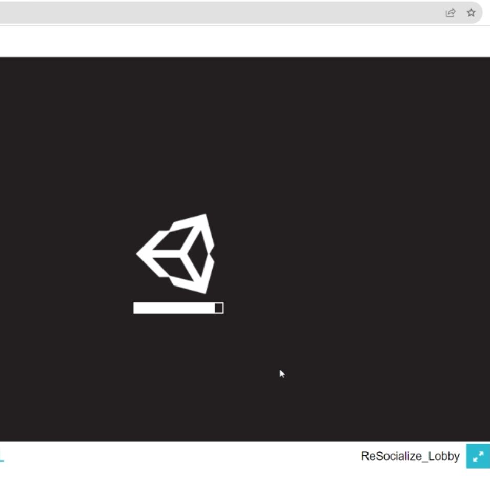 A view of a black square, a logo, and a progress bar on a white browser. This is the view that is seen when ReSocialize runs it's initial load in browser