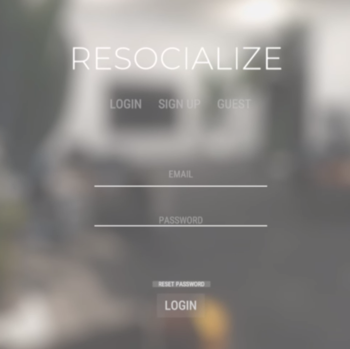 A blurred ReSocialize online office and the first log-in page for ReSocialize. As a part of the ReSocialize log in interface there are 3 options: Log In, Sign Up, Join As Guest. Log In is pre-selected prompting a user for an email and a password