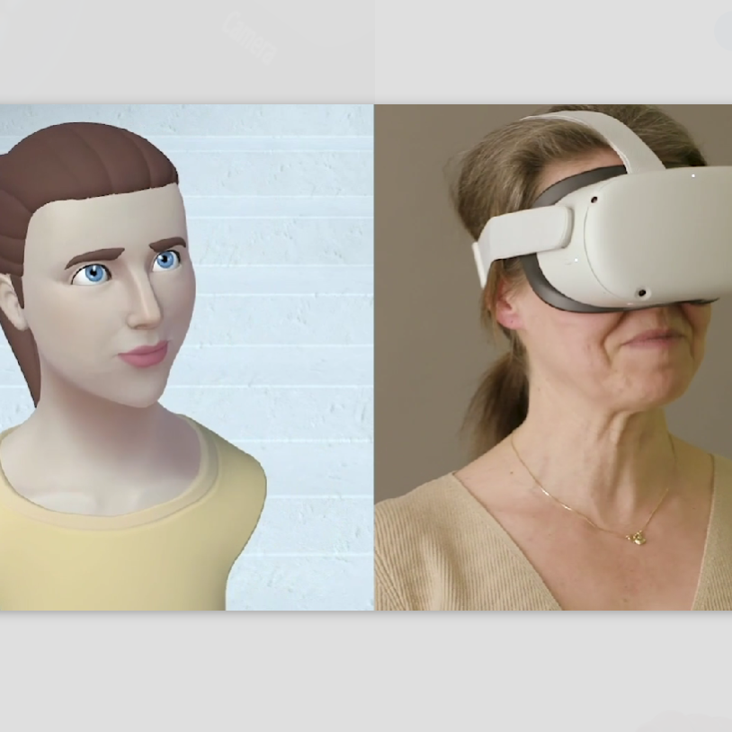 A side-by-side comparison of a Glue avatar (left) and a user with a VR headset (right), showing how Glue remote work and events are enhanced by VR Virtual Reality