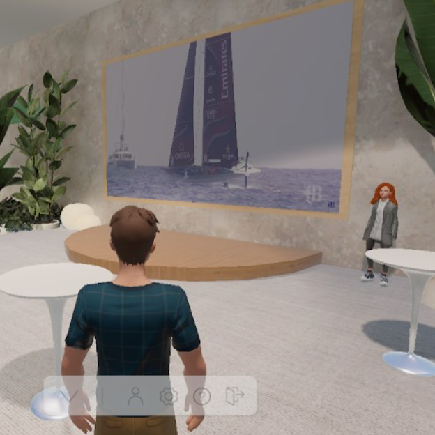 A remote viewing event in a metaverse meeting platform with avatars watching a live stream of sail racing on a virtual screen - showcasing a solution to host better events. Online meeting tools perfect for networking at a webinar, showcasing the middle ground between webinar vs seminar Plans and pricing, this image highlights the ReSocialize event offering.